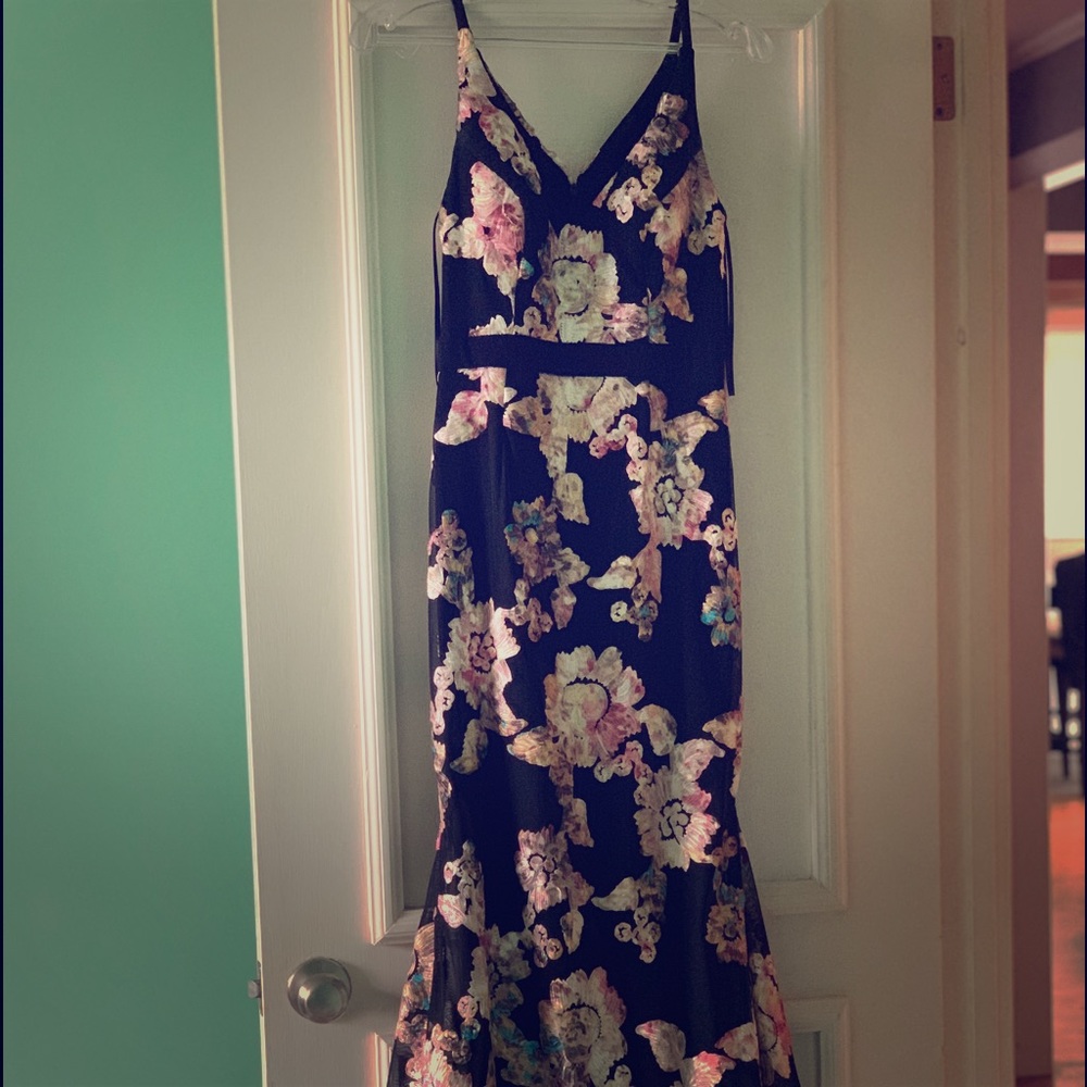 Black and floral embroidered formal gown